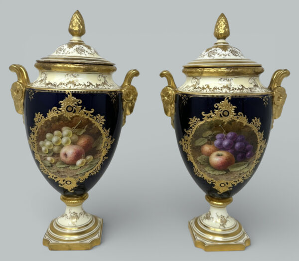 682. Antique Pair Coalport Painted Vases Urn Frederick Chivers Still Life Fruits 1910 (Copy)