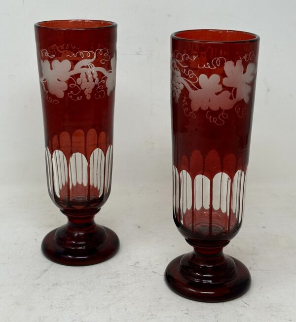 993. Antique Bohemian Czechoslovakia Ruby Cranberry Glass Pair Goblets Vases Egermann