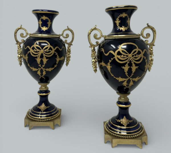 289. Antique Pair Cobalt Blue French Sèvres Porcelain Ormolu Urns Vases Garnitures