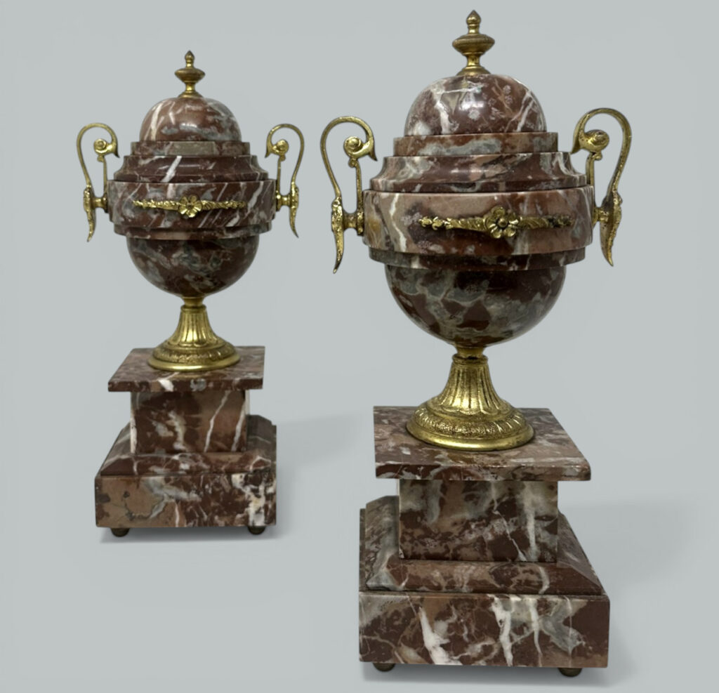 748. Pair French Regency Styl Giallo Sienna Marble Gilt Bronze Ormolu Urns Vases 19Ct