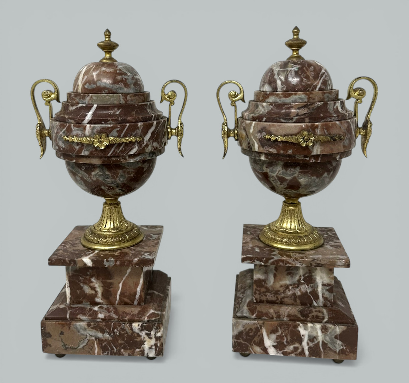 748. Pair French Regency Styl Giallo Sienna Marble Gilt Bronze Ormolu Urns Vases 19Ct - Image 3