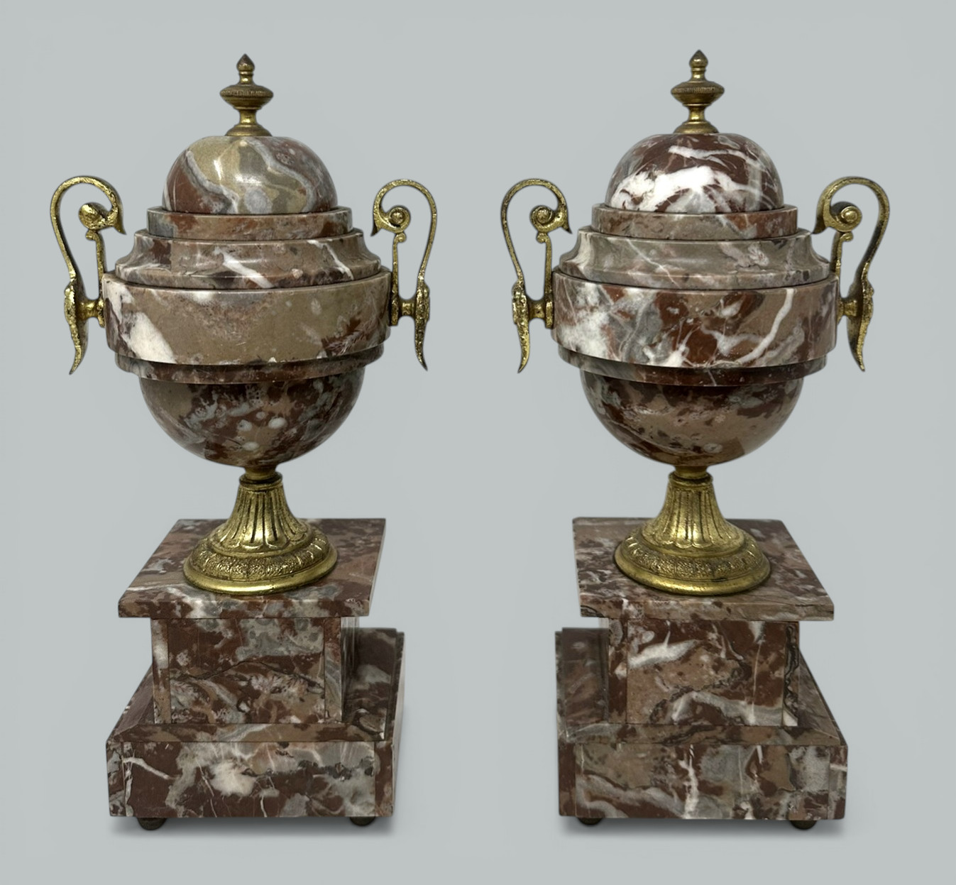 748. Pair French Regency Styl Giallo Sienna Marble Gilt Bronze Ormolu Urns Vases 19Ct - Image 5