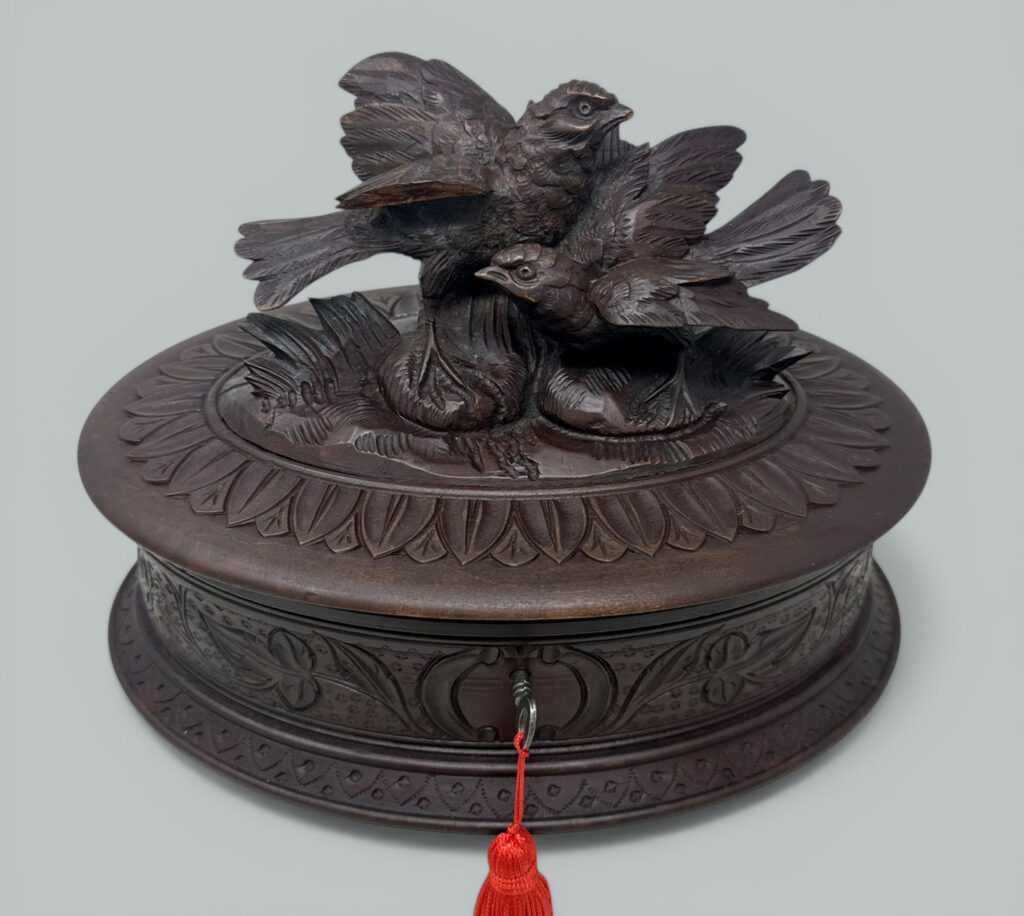 895. Antique Vintage Ladys Bog Oak German Jewelery Box Casket Carved Pheasants Birds