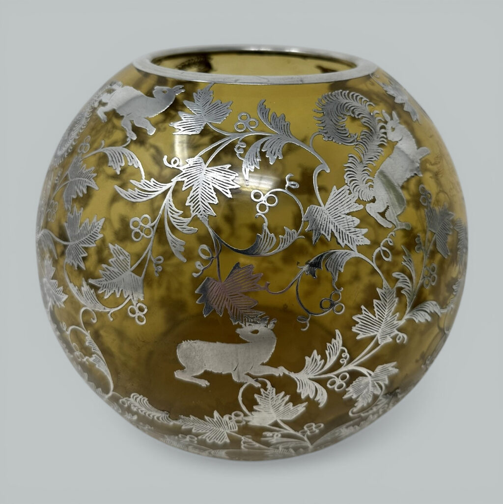 496. Antique Vintage Sterling Silver Overlaid Amber Glass Bowl Vase Centerpiece 1900