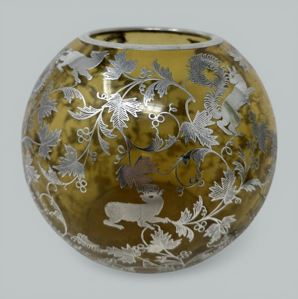 496. Antique Vintage Sterling Silver Overlaid Amber Glass Bowl Vase Centerpiece 1900