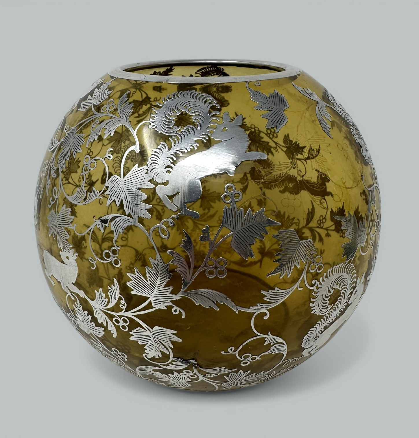 496. Antique Vintage Sterling Silver Overlaid Amber Glass Bowl Vase Centerpiece 1900 - Image 2