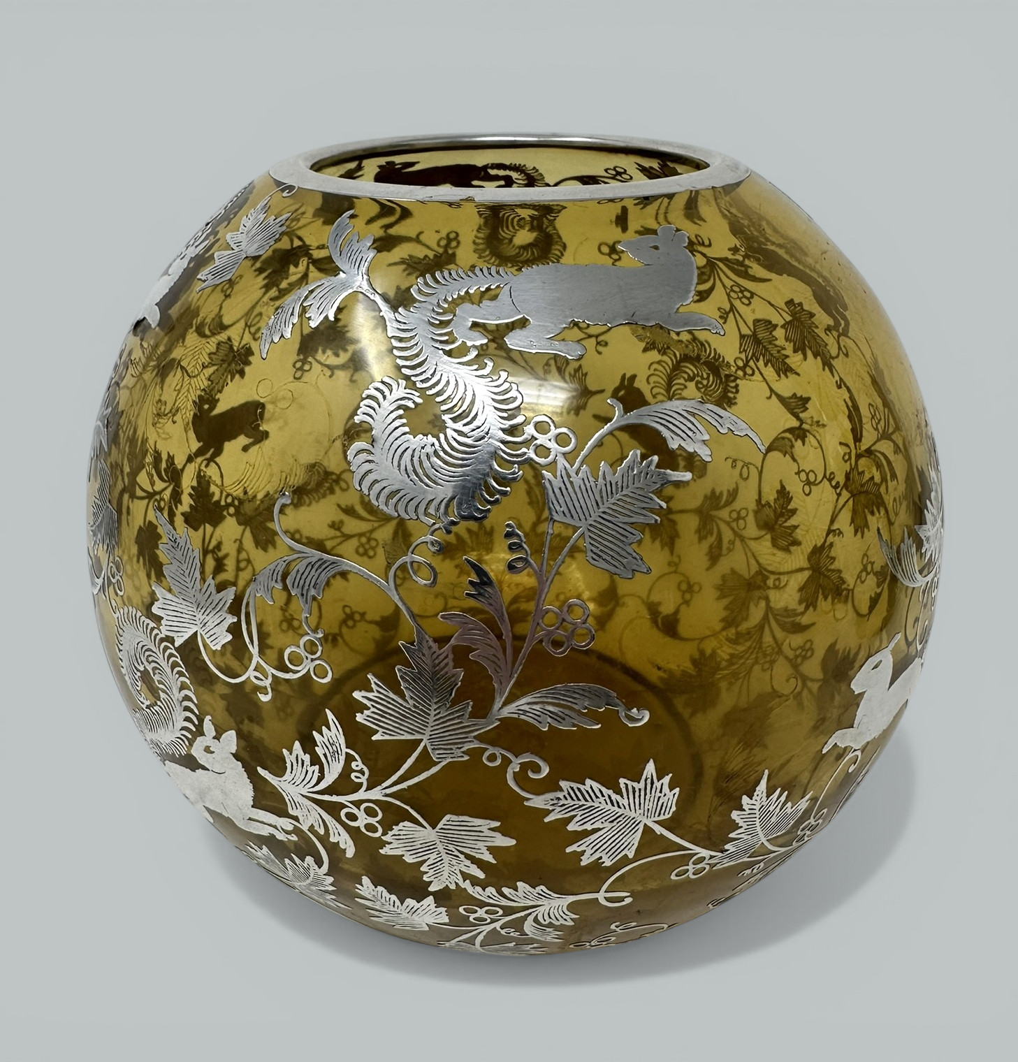 496. Antique Vintage Sterling Silver Overlaid Amber Glass Bowl Vase Centerpiece 1900 - Image 3