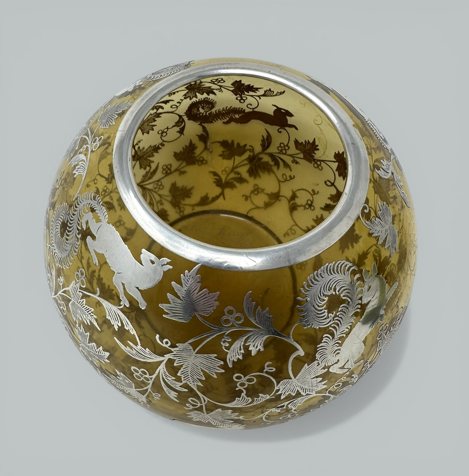 496. Antique Vintage Sterling Silver Overlaid Amber Glass Bowl Vase Centerpiece 1900 - Image 4