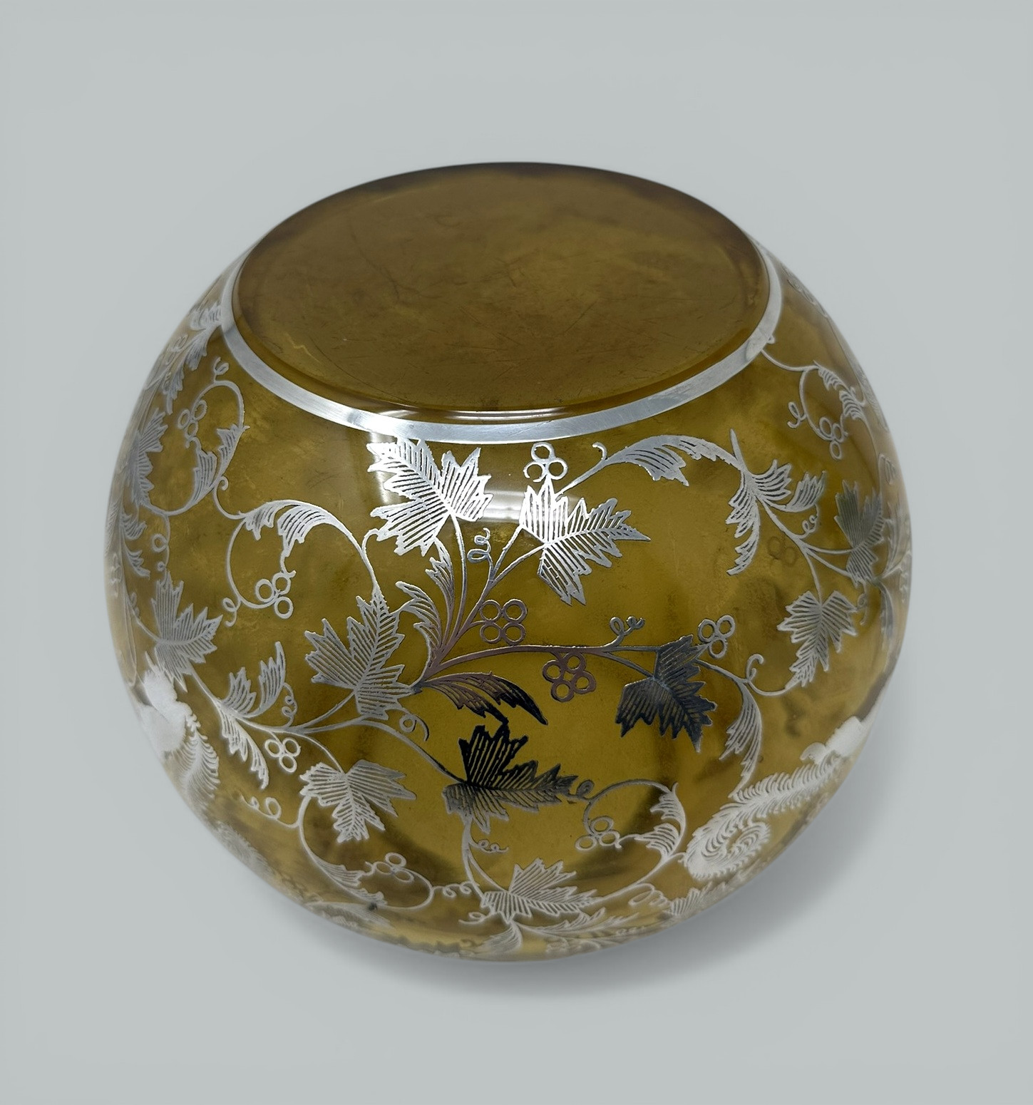 496. Antique Vintage Sterling Silver Overlaid Amber Glass Bowl Vase Centerpiece 1900 - Image 5