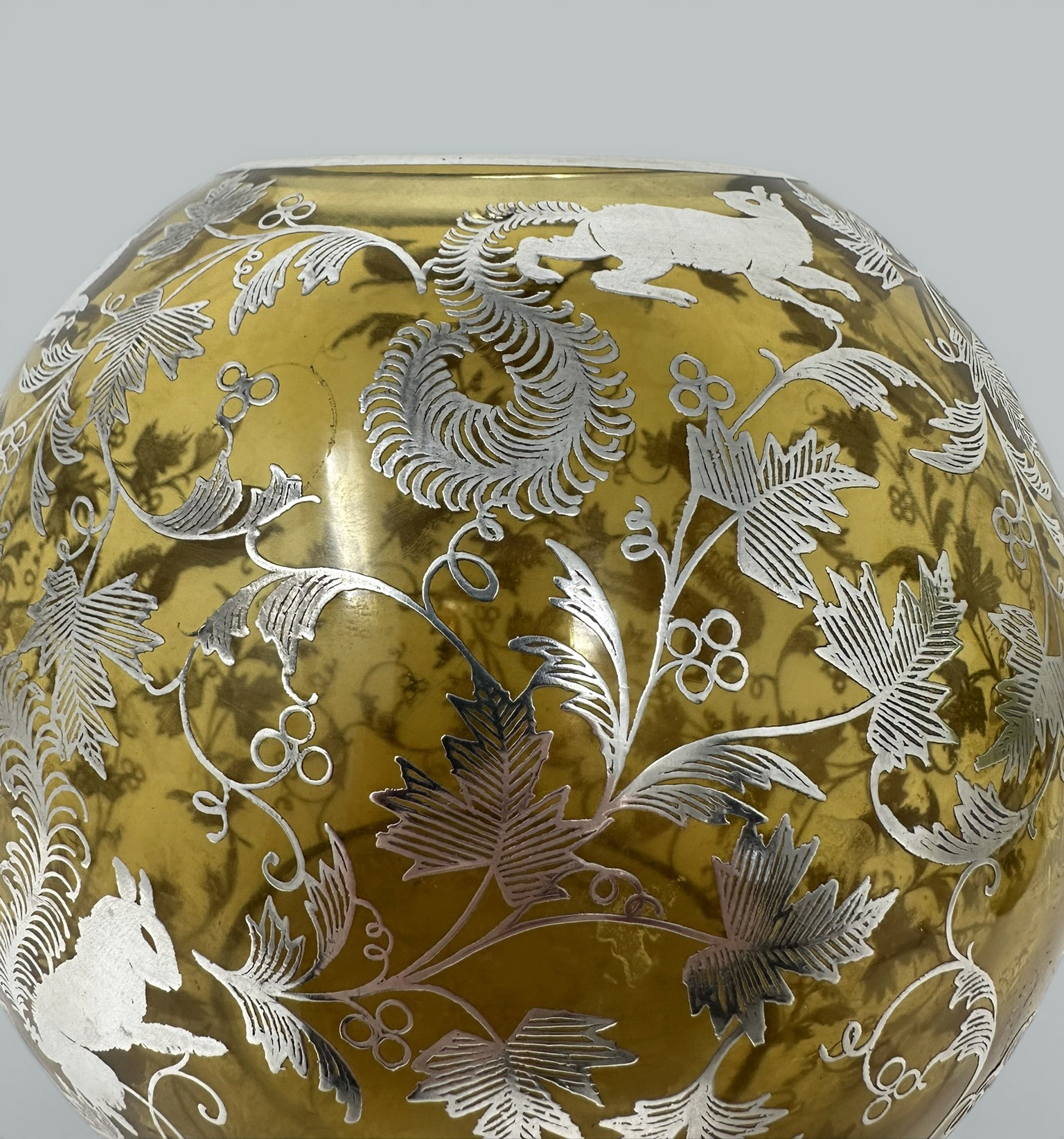 496. Antique Vintage Sterling Silver Overlaid Amber Glass Bowl Vase Centerpiece 1900 - Image 6