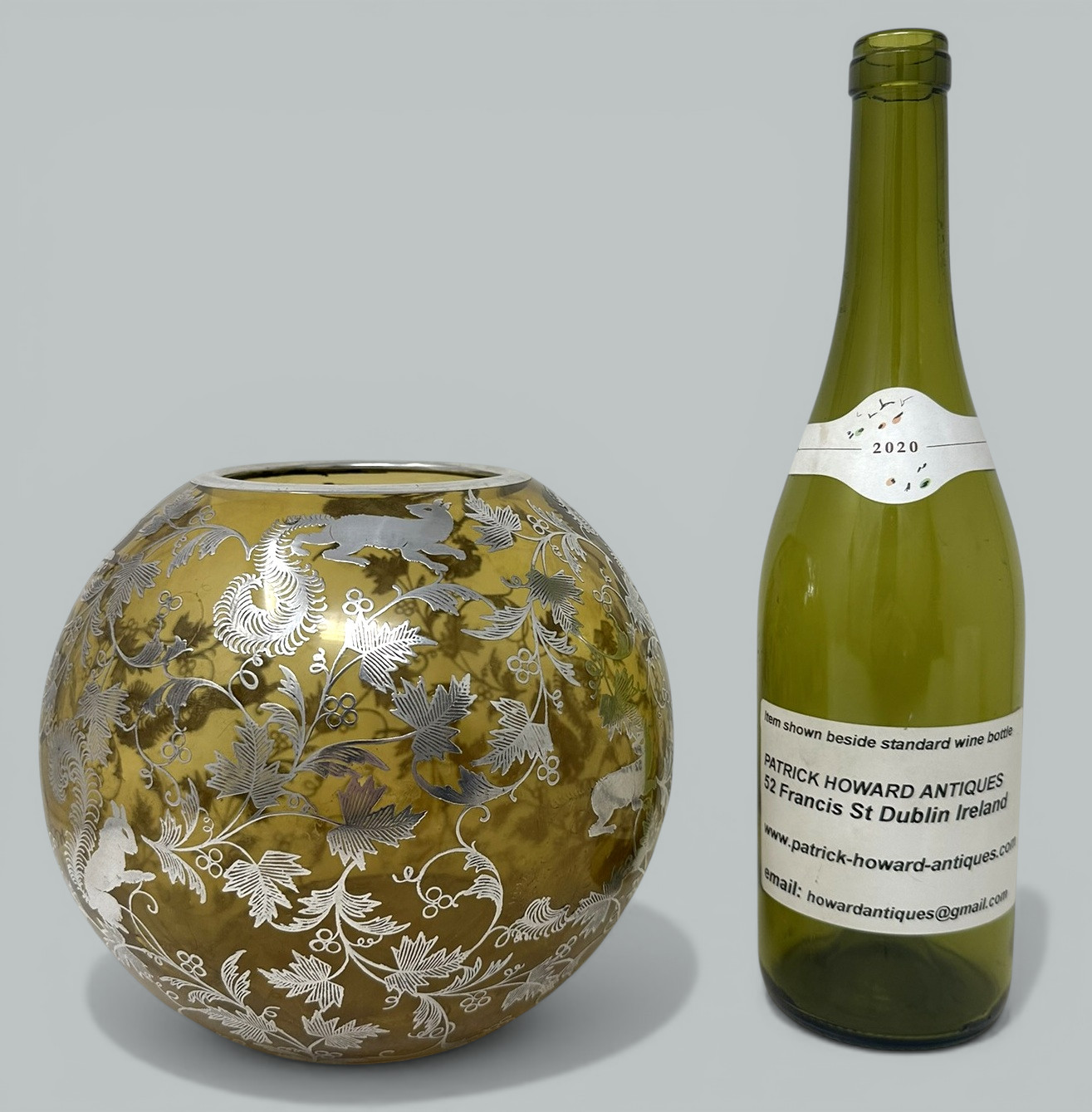 496. Antique Vintage Sterling Silver Overlaid Amber Glass Bowl Vase Centerpiece 1900 - Image 7