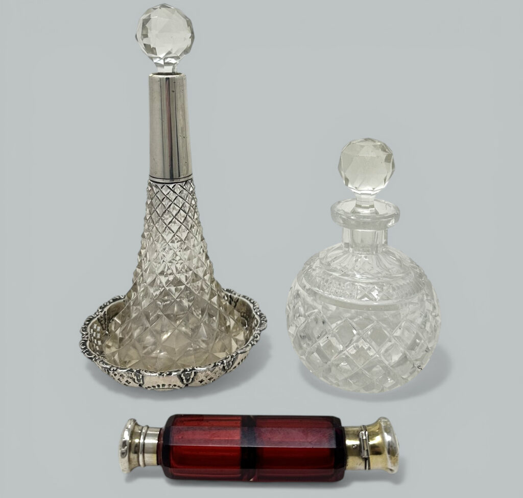 303. Collection English Crystal Sterling Silver Cranberry Toilet Scent Perfum Bottles