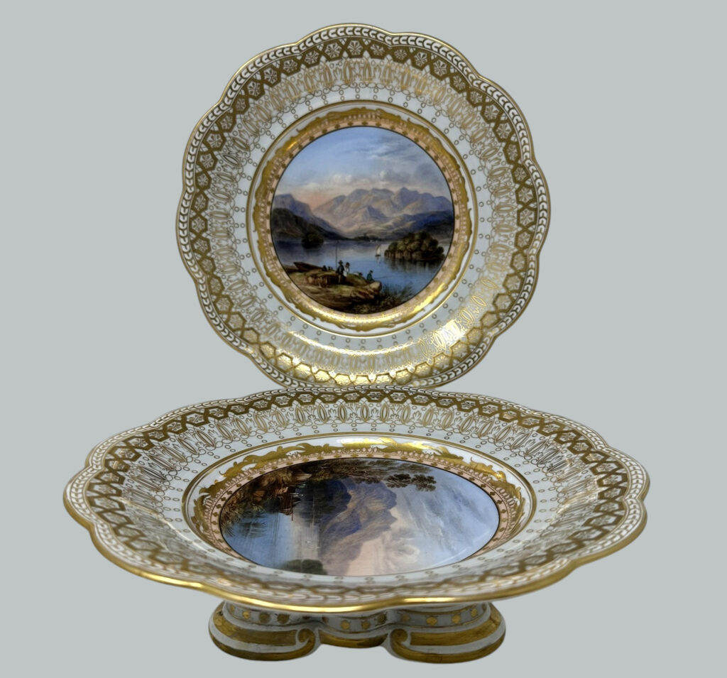 991. Antique Pair Cabinet Plates Hand Painted Lakes Killarney Kerry Ireland Irish 19Ct