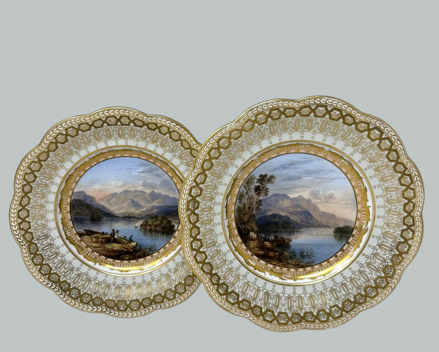 991. Antique Pair Cabinet Plates Hand Painted Lakes Killarney Kerry Ireland Irish 19Ct - Image 3