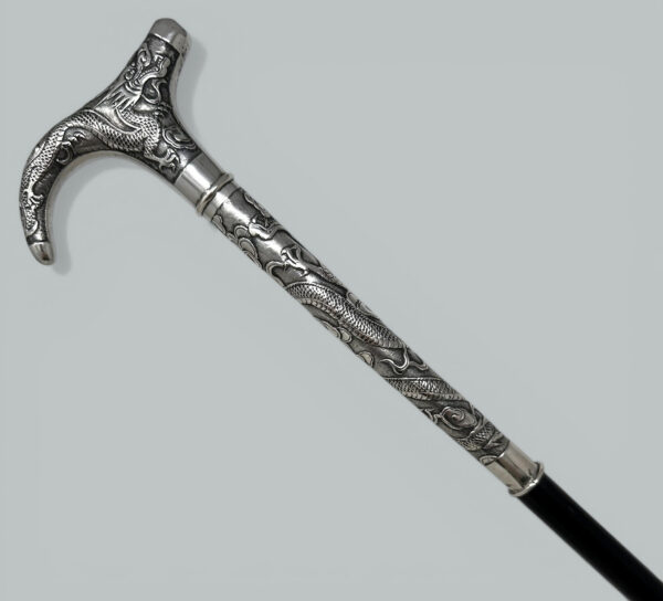 344. Antique Chinese Sterling Silver Qing Lady's Walking Swagger Stick Cane 2 Dragons