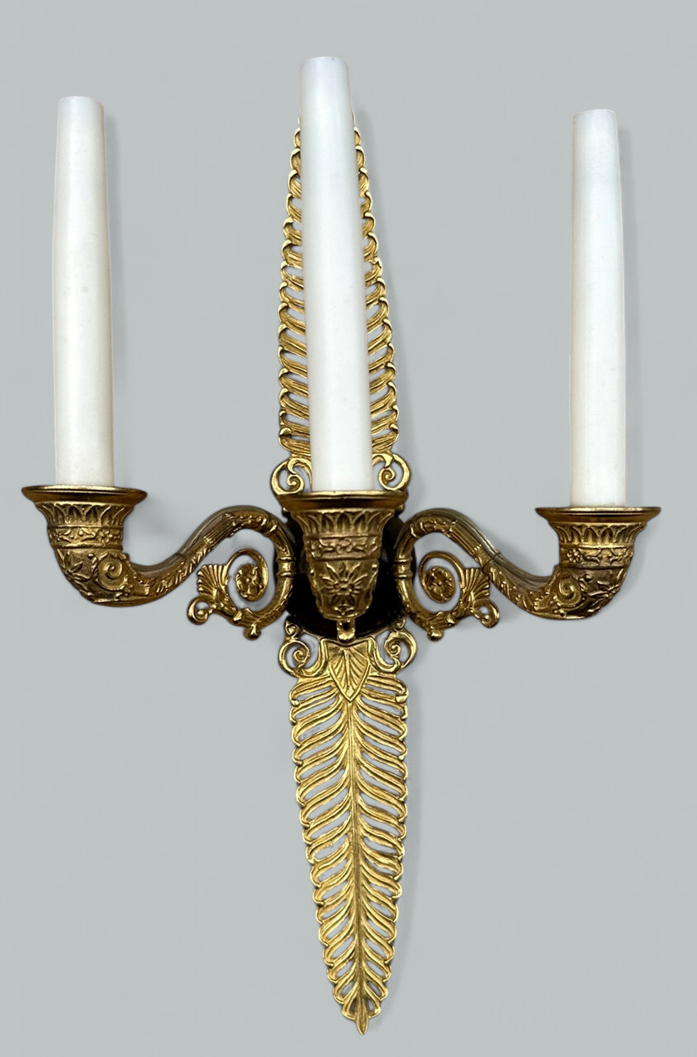 265. Antique Pair Ormolu Gilt Bronze Treble Light Wall Electric Sconces Appliques 19Ct - Image 12