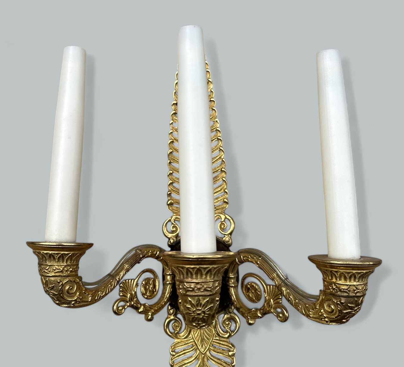 265. Antique Pair Ormolu Gilt Bronze Treble Light Wall Electric Sconces Appliques 19Ct - Image 5