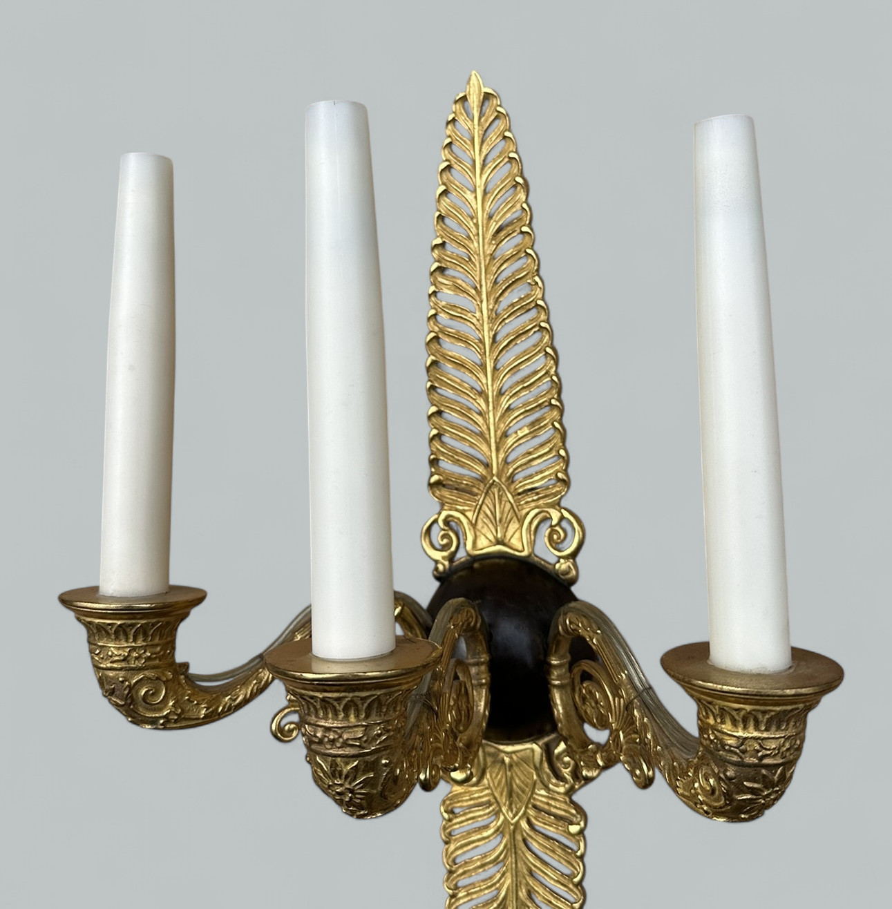 265. Antique Pair Ormolu Gilt Bronze Treble Light Wall Electric Sconces Appliques 19Ct - Image 6