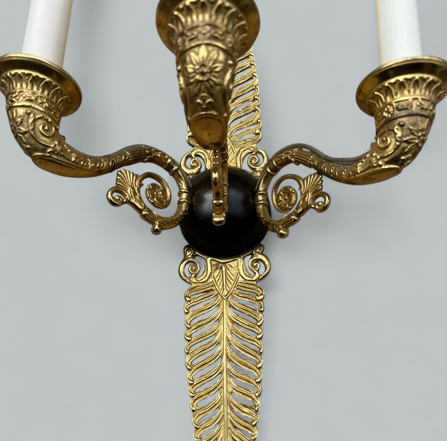265. Antique Pair Ormolu Gilt Bronze Treble Light Wall Electric Sconces Appliques 19Ct - Image 7