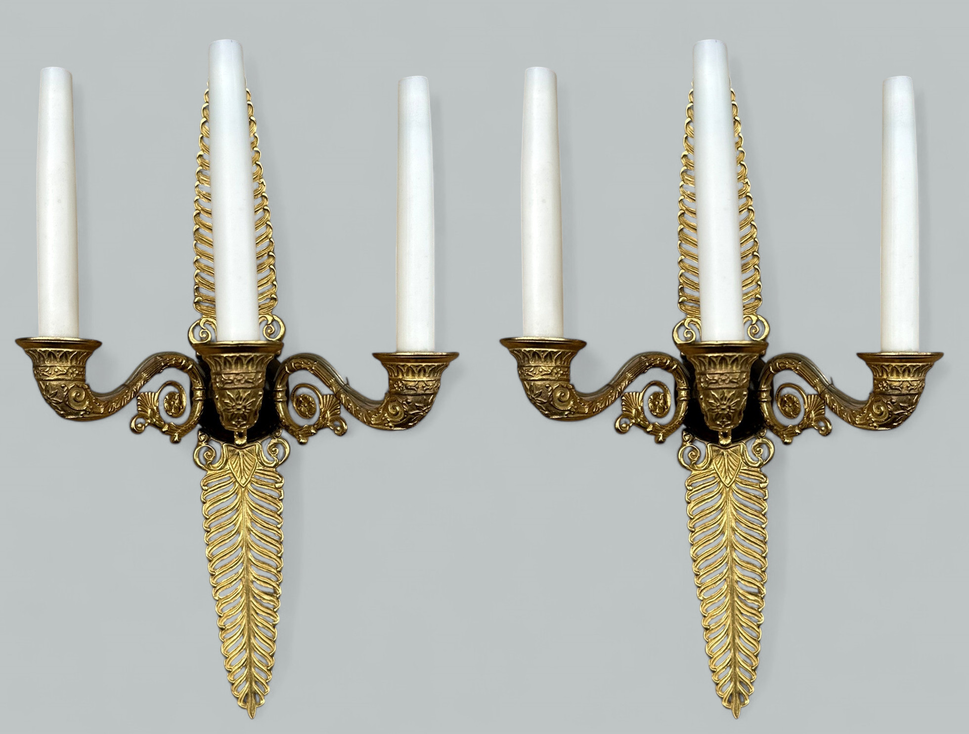 265. Antique Pair Ormolu Gilt Bronze Treble Light Wall Electric Sconces Appliques 19Ct - Image 11