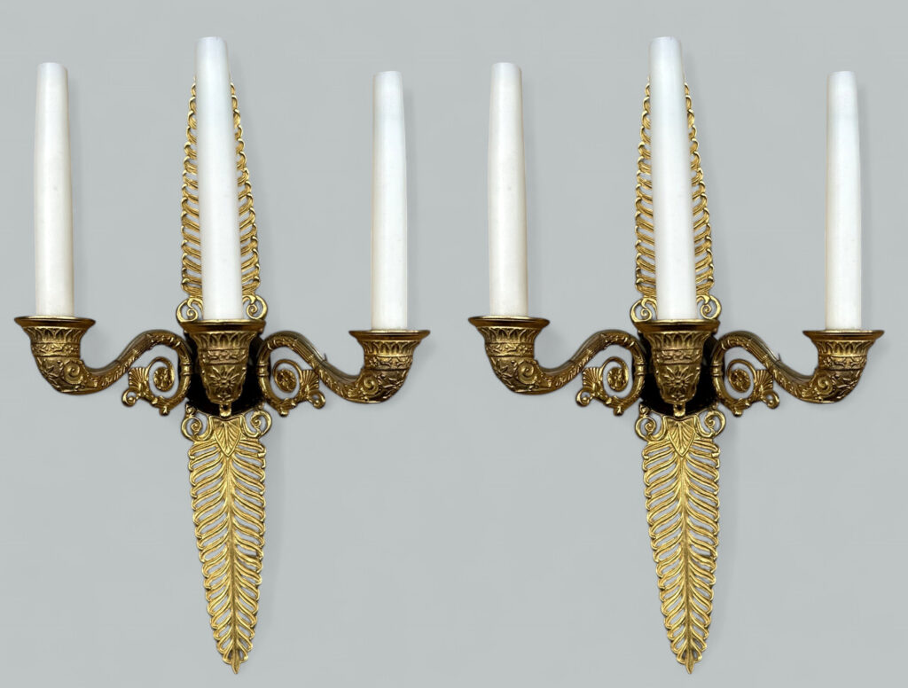 265.  Antique Pair Ormolu Gilt Bronze Treble Light Wall Electric Sconces Appliques 19Ct