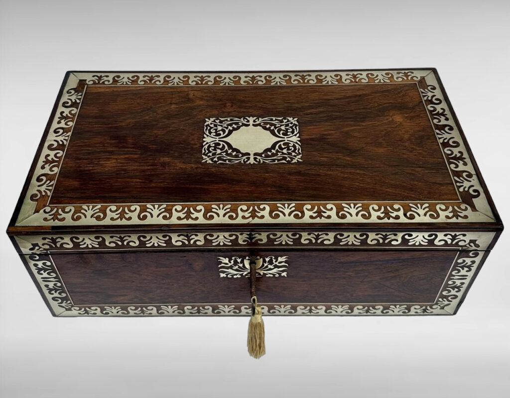 257. Antique Regency Brass Inlaid Mahogany Traveling Desk Wooden Writing Slope Box
