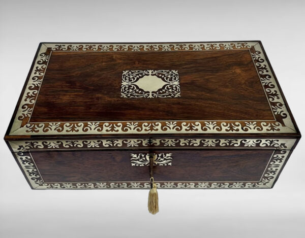257. Antique Regency Brass Inlaid Mahogany Traveling Desk Wooden Writing Slope Box