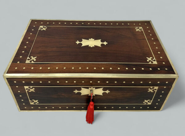 744. Antique Regency Brass Bound Traveling Desk Wooden Mahogany Writing Slope Regency