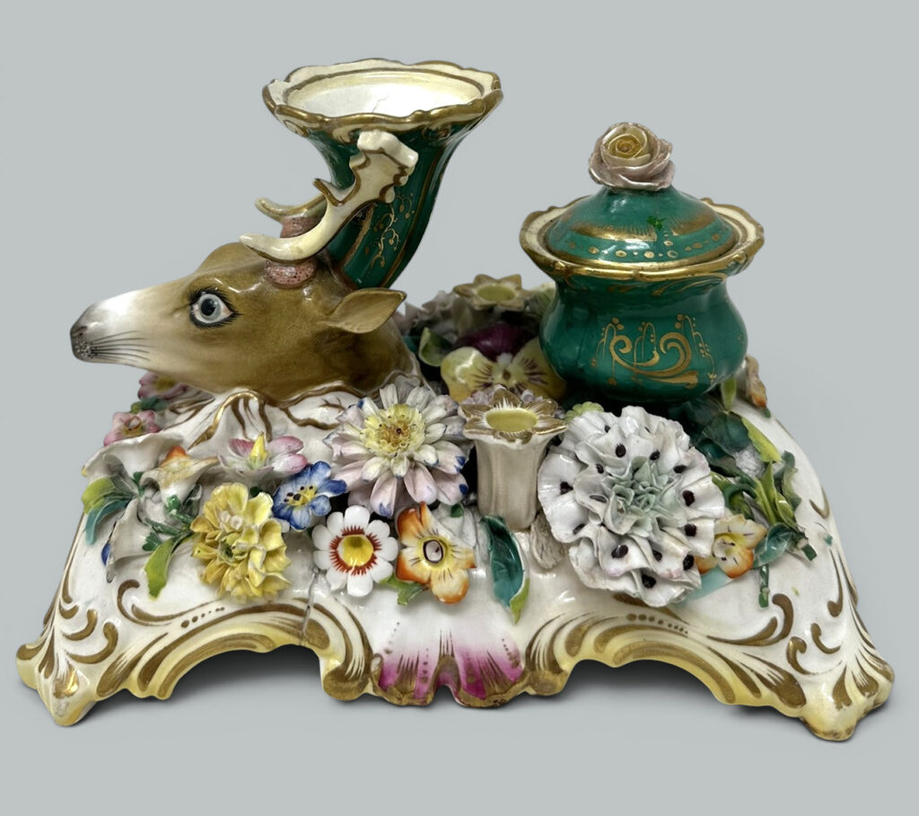 256. Antique English Coalbrookdale Flower encrusted Porcelain Inkwell Centerpiece 1820
