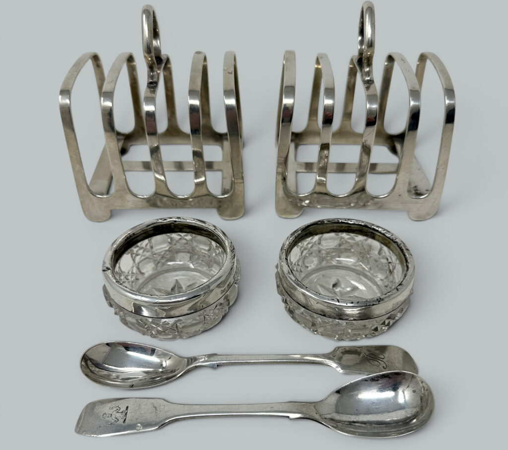 991. Antique Sterling Silver Pair Lowe Toast Rack Crystal Salt Cellars 1910 7.9 ozs