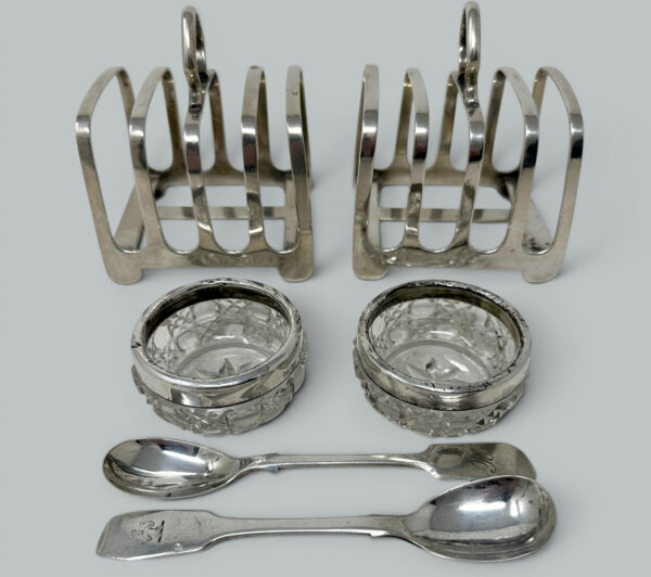 991. Antique Sterling Silver Pair Lowe Toast Rack Crystal Salt Cellars 1910 7.9 ozs
