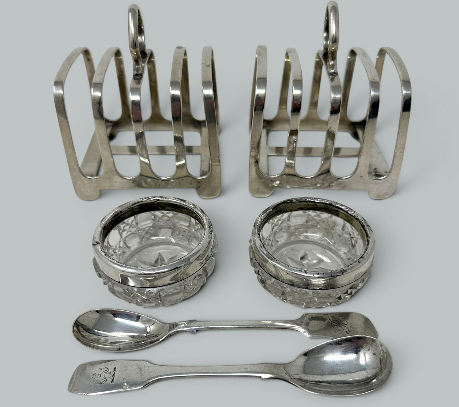 991. Antique Sterling Silver Pair Lowe Toast Rack Crystal Salt Cellars 1910 7.9 ozs