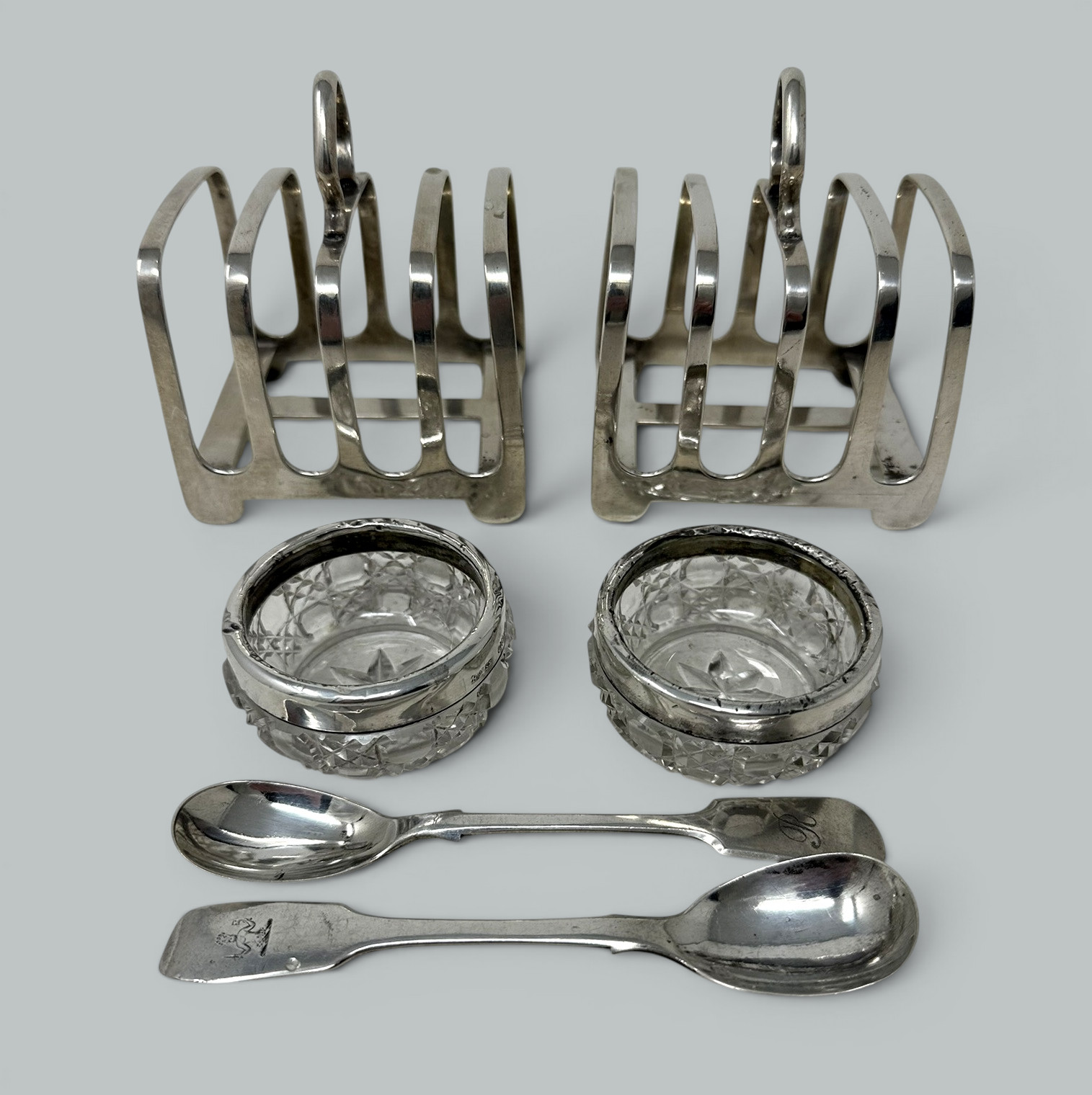 991. Antique Sterling Silver Pair Lowe Toast Rack Crystal Salt Cellars 1910 7.9 ozs - Image 3