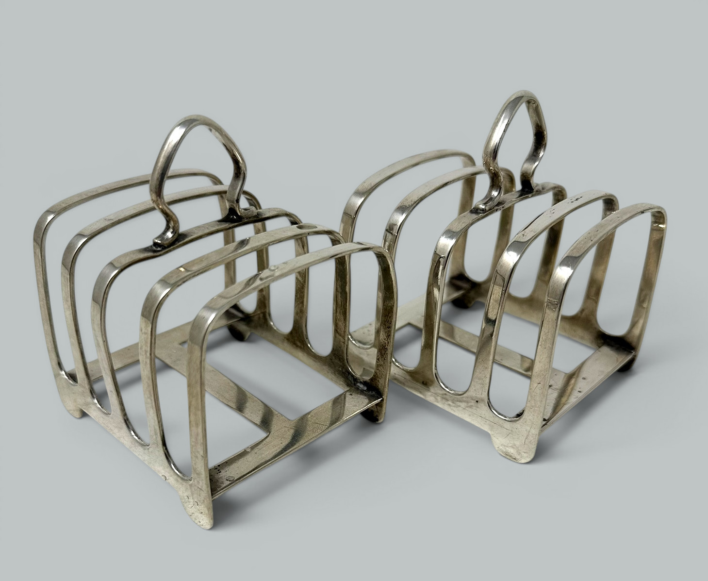 991. Antique Sterling Silver Pair Lowe Toast Rack Crystal Salt Cellars 1910 7.9 ozs - Image 4