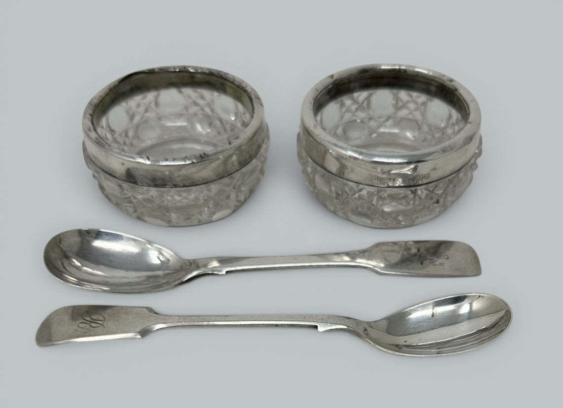 991. Antique Sterling Silver Pair Lowe Toast Rack Crystal Salt Cellars 1910 7.9 ozs - Image 5