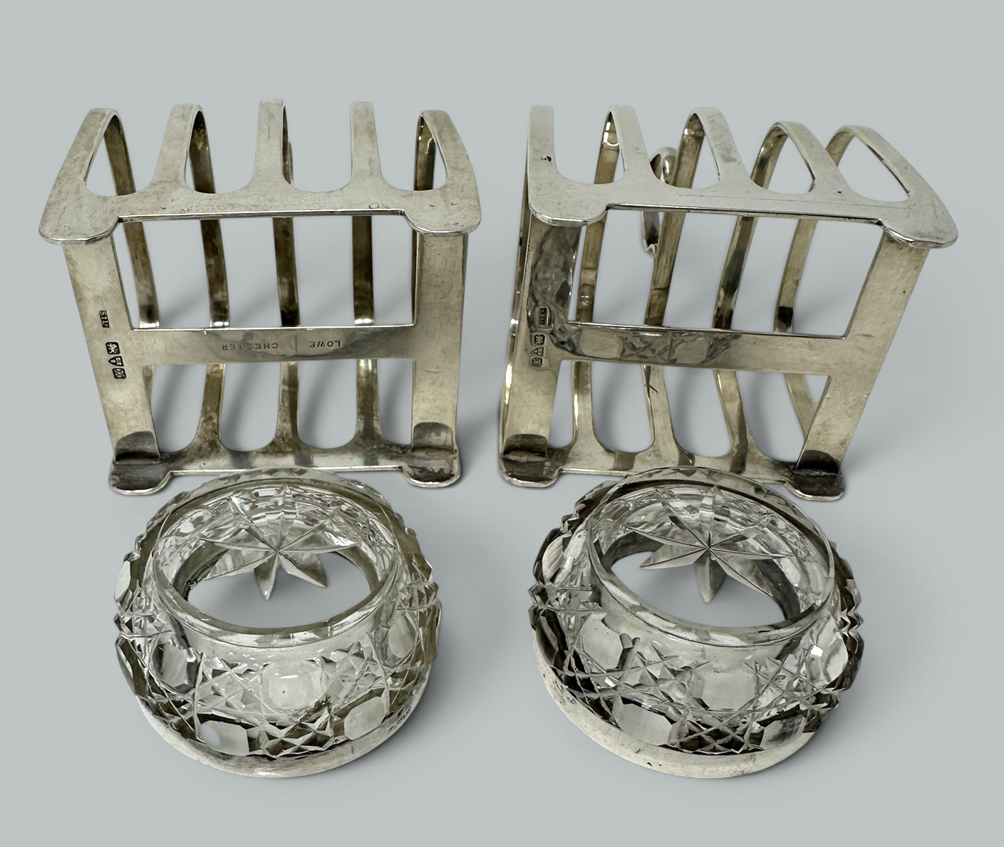 991. Antique Sterling Silver Pair Lowe Toast Rack Crystal Salt Cellars 1910 7.9 ozs - Image 6