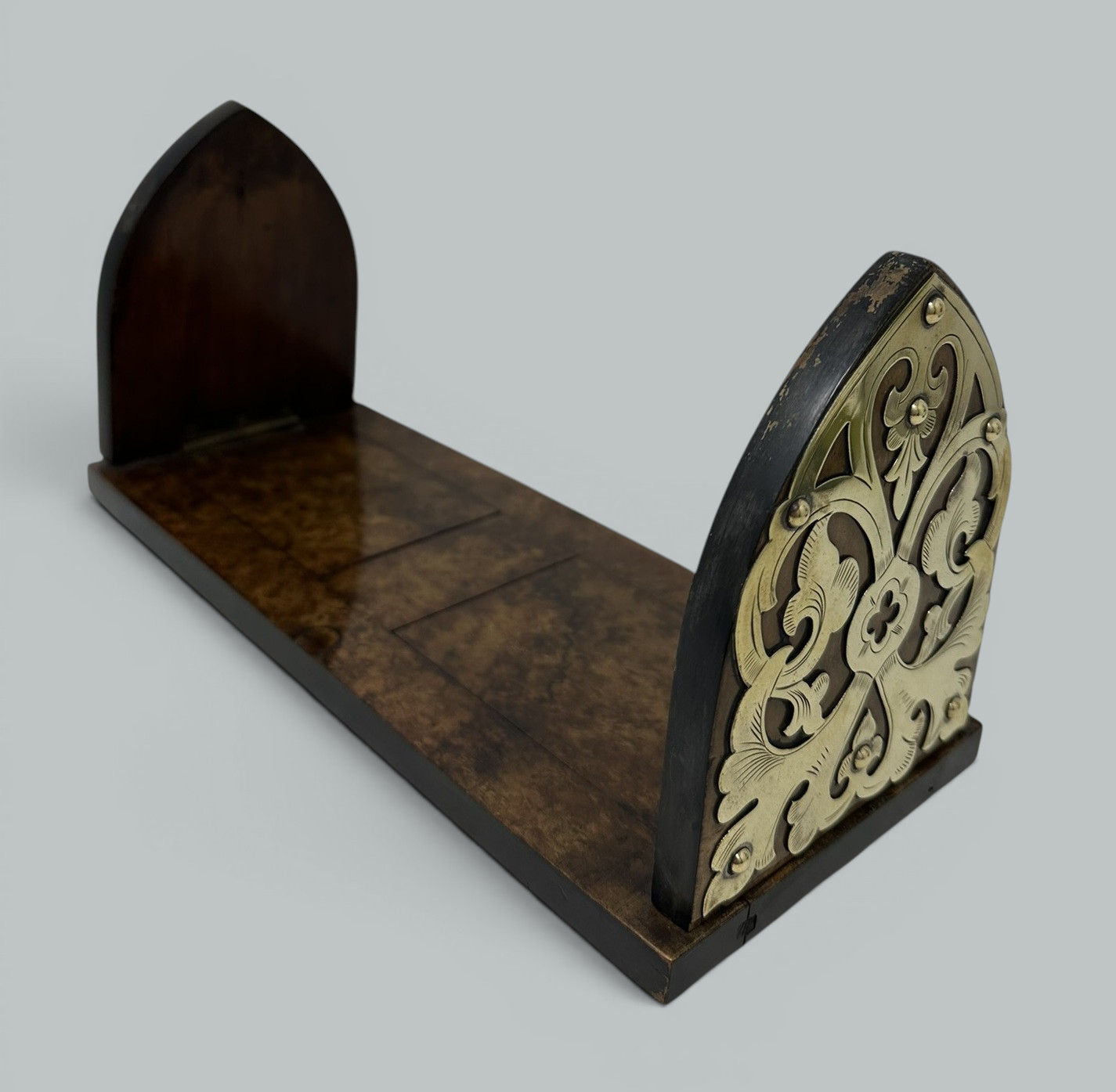 120. Antique Vintage English Burl Walnut Wooden Brass Inlaid Book Slide Bookslide 19C