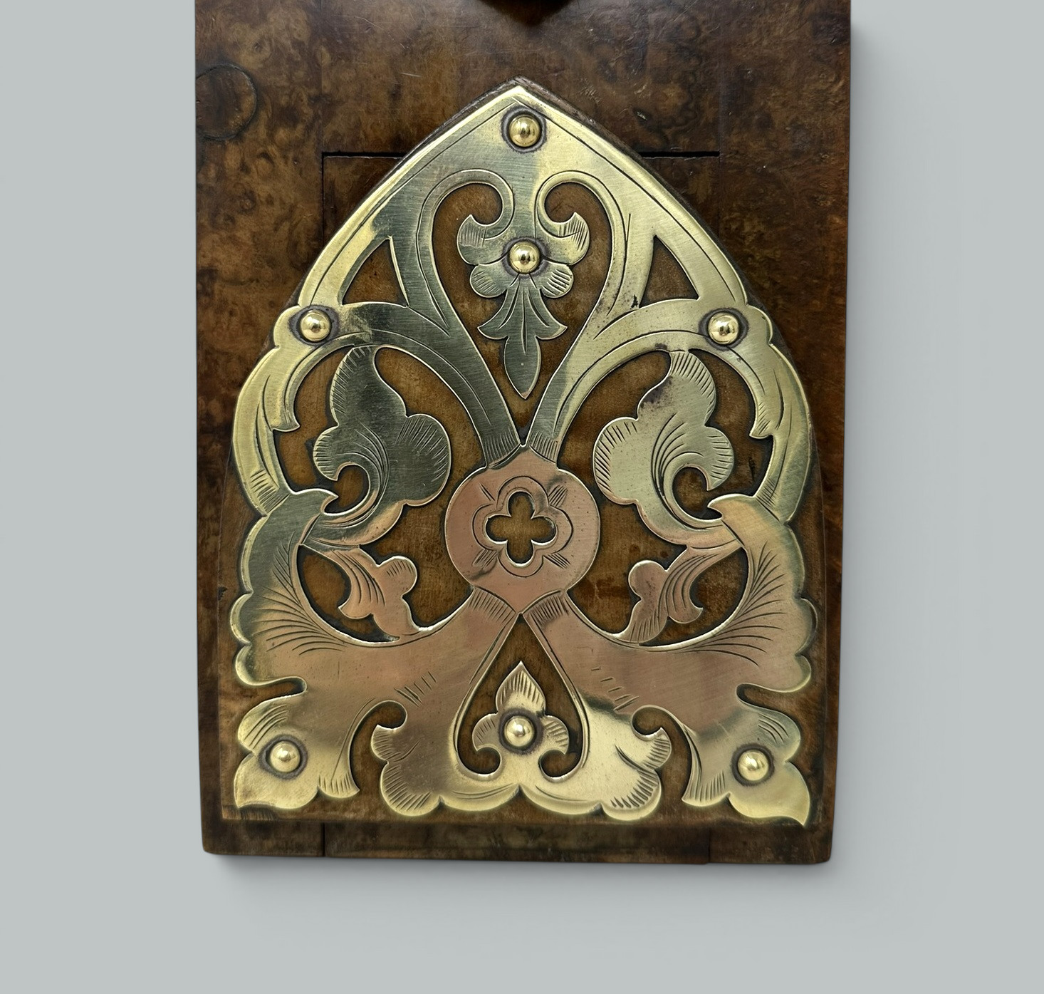 120. Antique Vintage English Burl Walnut Wooden Brass Inlaid Book Slide Bookslide 19C - Image 3