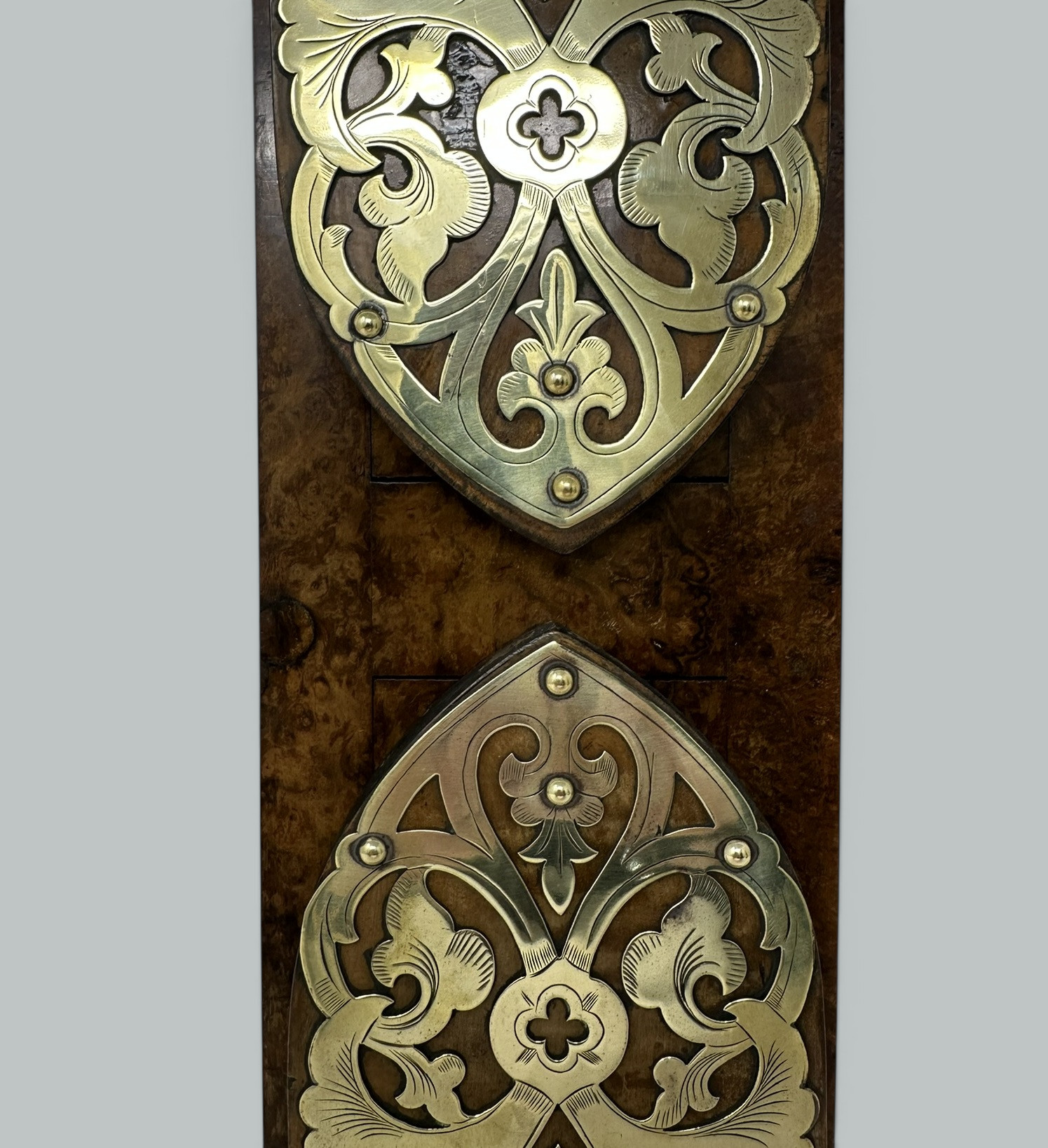 120. Antique Vintage English Burl Walnut Wooden Brass Inlaid Book Slide Bookslide 19C - Image 4
