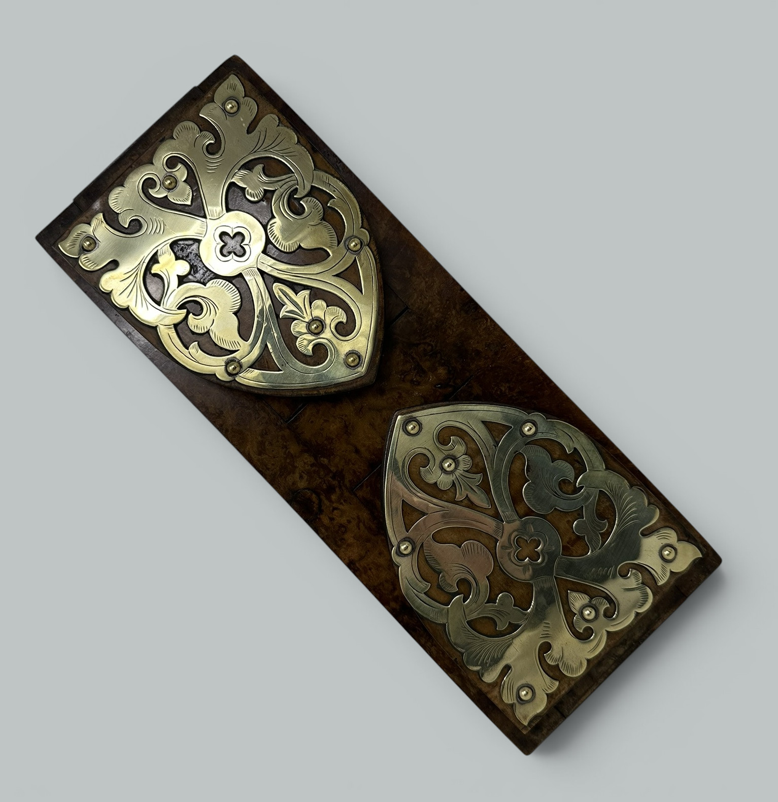 120. Antique Vintage English Burl Walnut Wooden Brass Inlaid Book Slide Bookslide 19C - Image 5