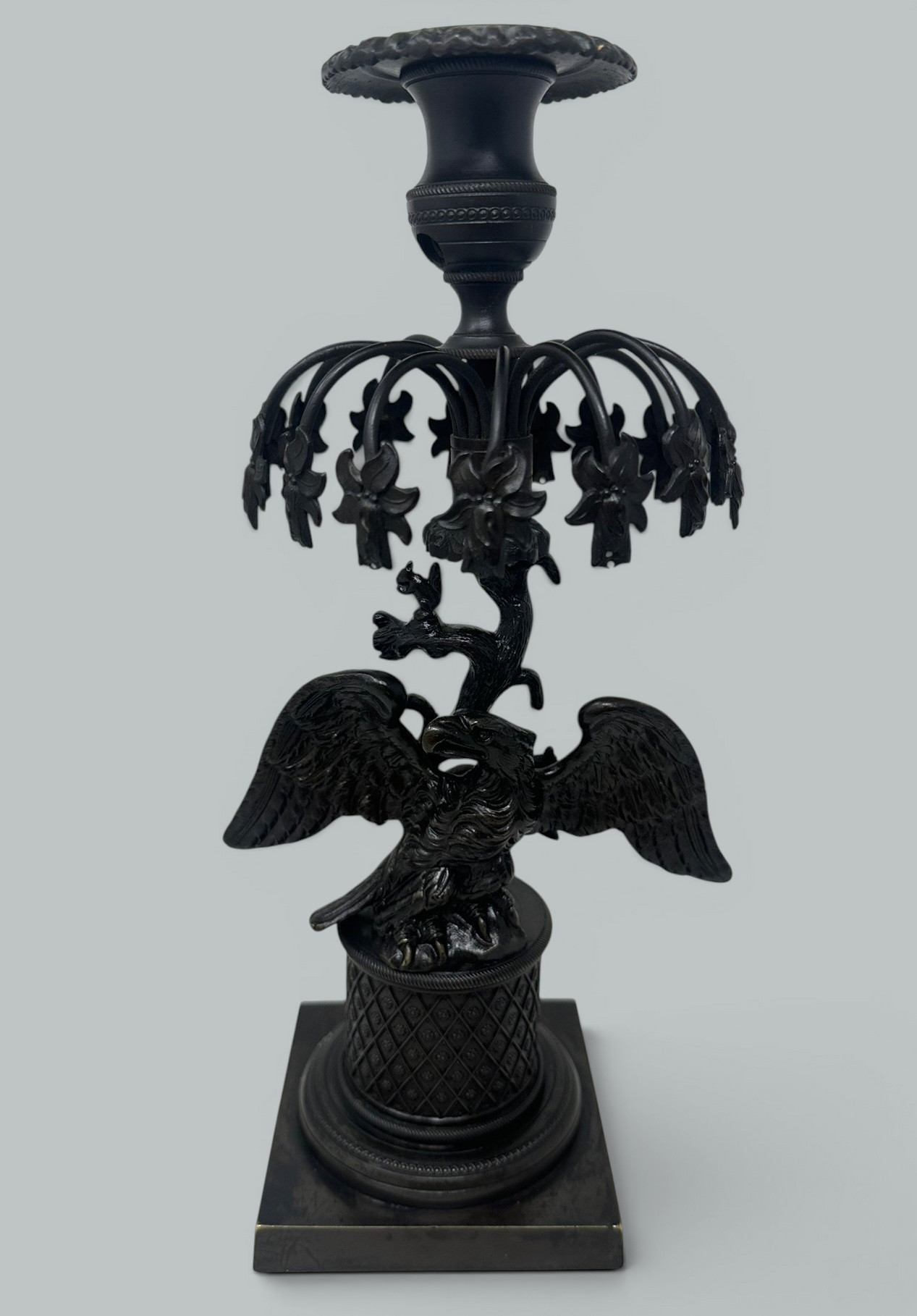 739. Antique Pair Regency Bronze Crystal Lustres Candlesticks Candelabra Eagles Prisms - Image 5
