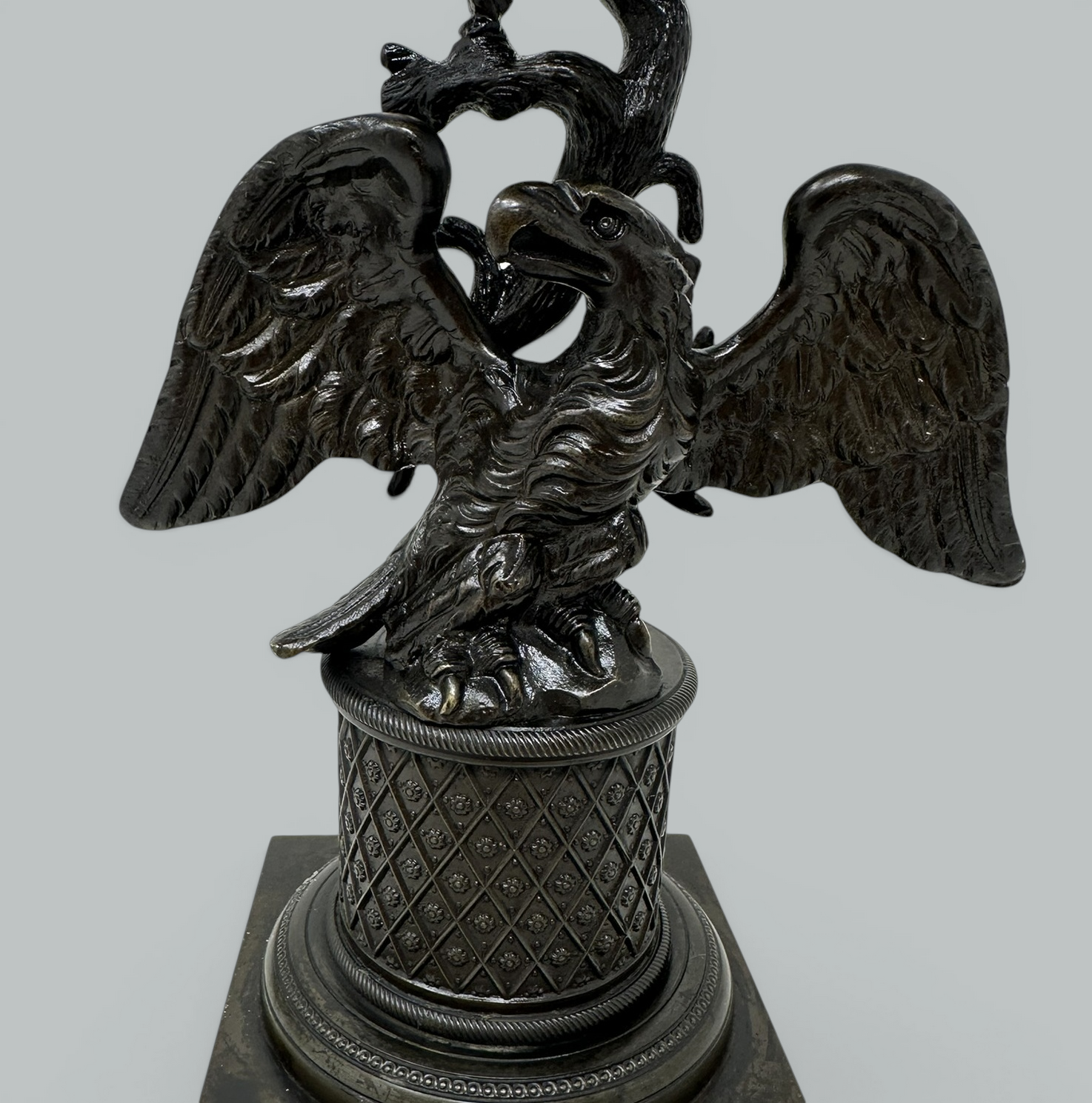 739. Antique Pair Regency Bronze Crystal Lustres Candlesticks Candelabra Eagles Prisms - Image 8