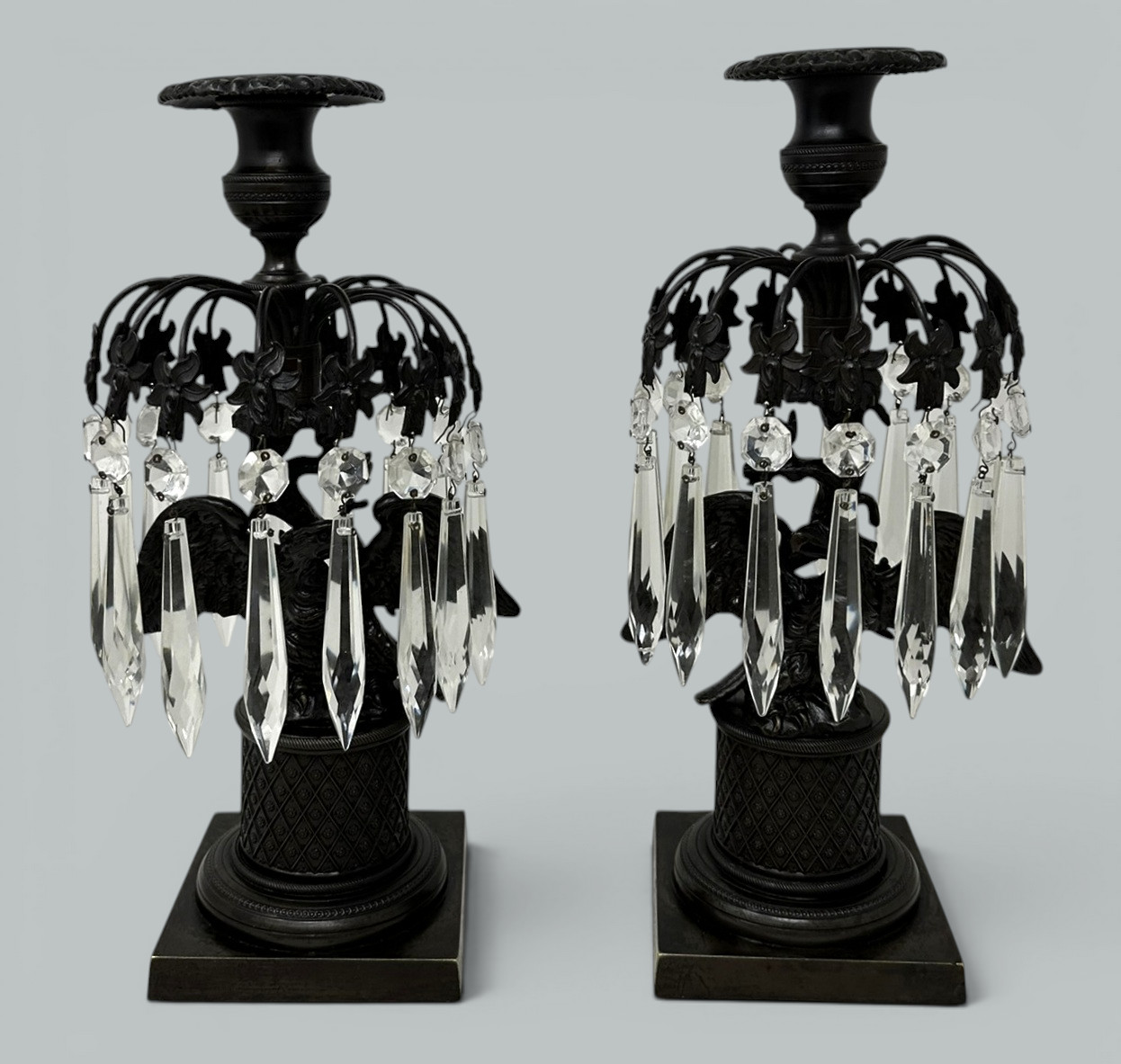 739. Antique Pair Regency Bronze Crystal Lustres Candlesticks Candelabra Eagles Prisms - Image 2