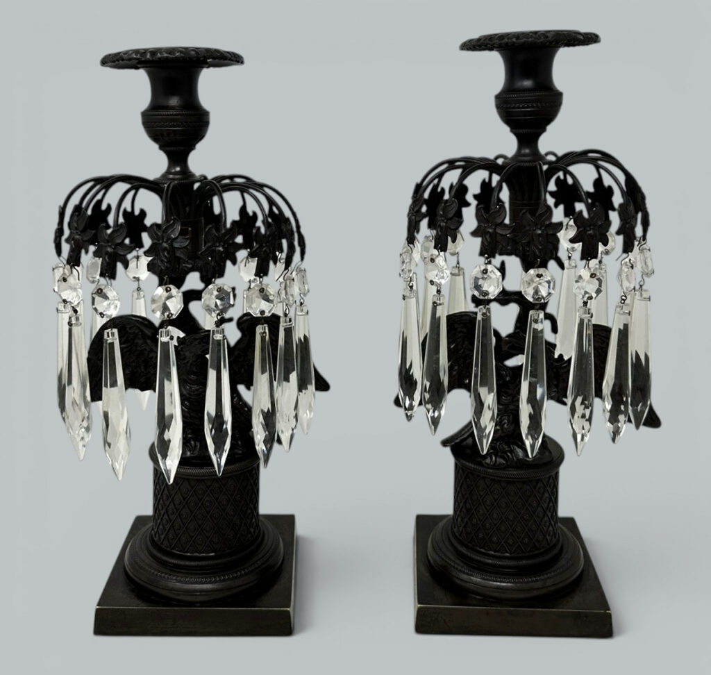 739. Antique Pair Regency Bronze Crystal Lustres Candlesticks Candelabra Eagles Prisms