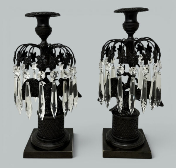 739. Antique Pair Regency Bronze Crystal Lustres Candlesticks Candelabra Eagles Prisms