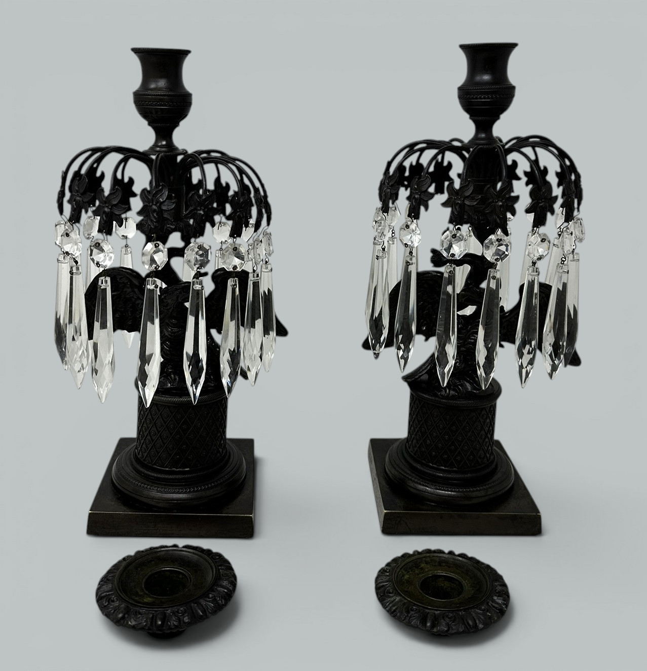 739. Antique Pair Regency Bronze Crystal Lustres Candlesticks Candelabra Eagles Prisms - Image 3
