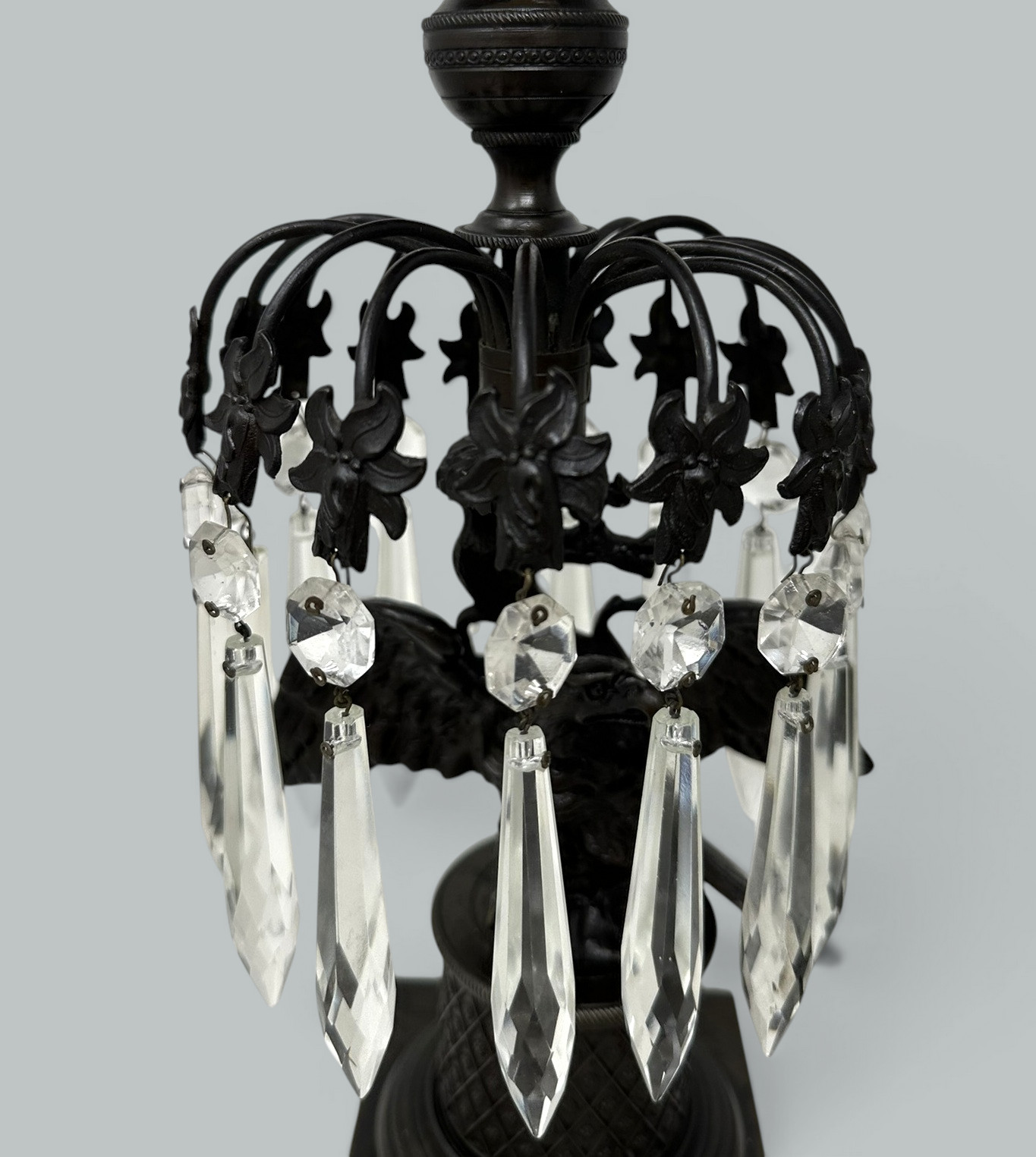 739. Antique Pair Regency Bronze Crystal Lustres Candlesticks Candelabra Eagles Prisms - Image 7