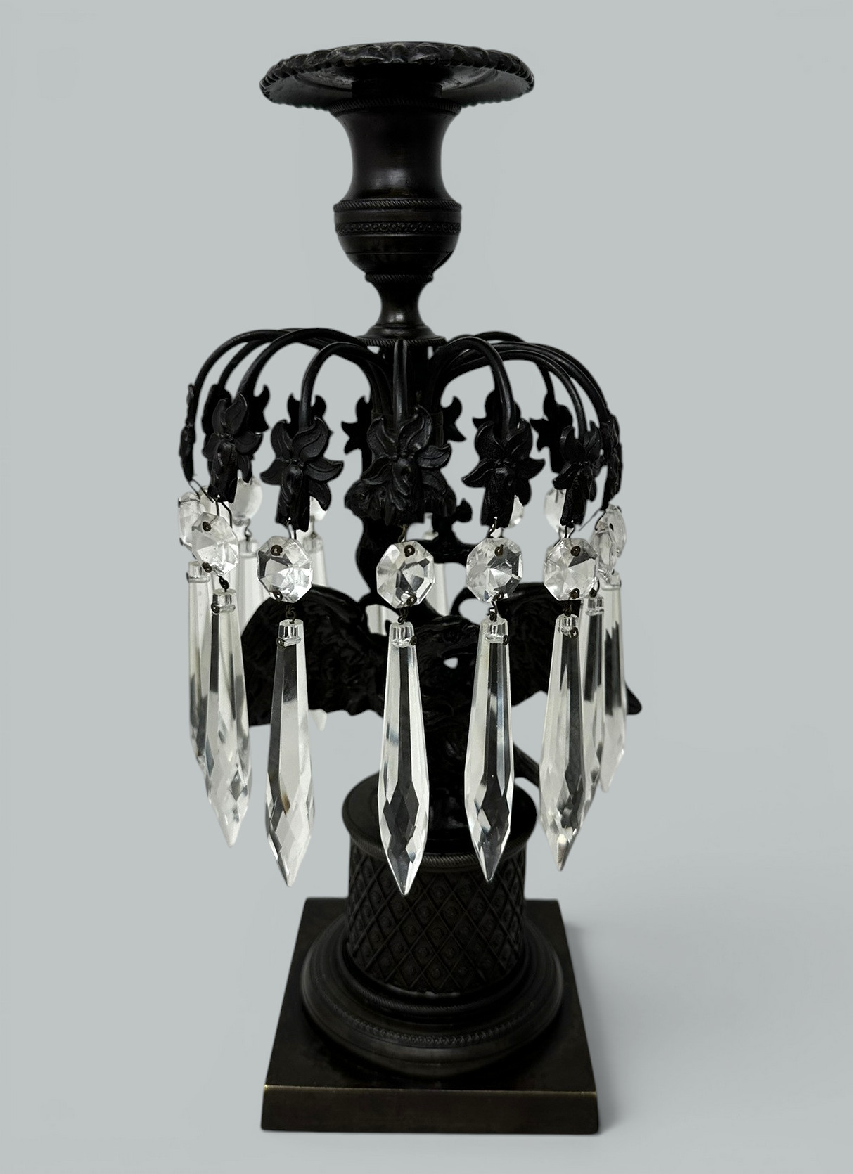 739. Antique Pair Regency Bronze Crystal Lustres Candlesticks Candelabra Eagles Prisms - Image 4