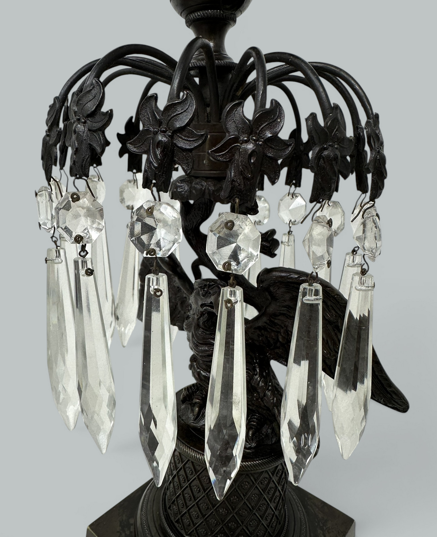 739. Antique Pair Regency Bronze Crystal Lustres Candlesticks Candelabra Eagles Prisms - Image 6