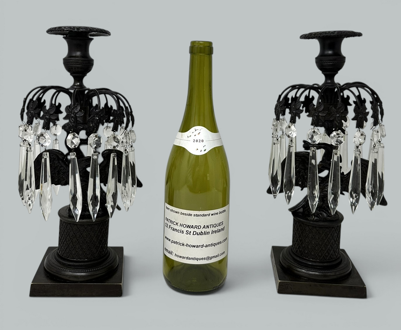 739. Antique Pair Regency Bronze Crystal Lustres Candlesticks Candelabra Eagles Prisms - Image 15